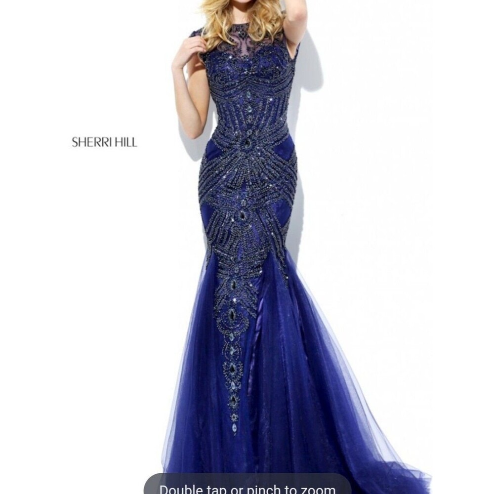 Sherri Hill navy blue beaded full gala special occasion floor length dress 10